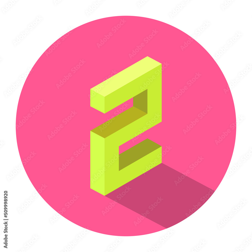 Isometric yellow number 2 with shadow over pink color circle. 3D Illustration Isometric yellow number 2 with shadow over pink color circle. 3D Illustration