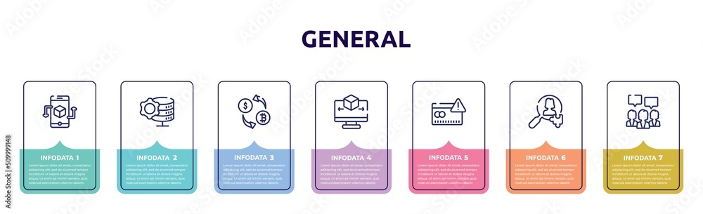 general concept infographic design template. included ar app, data engineering, crypto-exchange, 3d modeling, credit risk, hr solutions, brand engagement icons and 7 option or steps. general concept infographic design template. included ar app, data engineering, crypto-exchange, 3d modeling, credit risk, hr solutions, brand engagement icons and 7 option or steps.