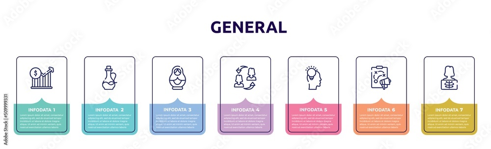general concept infographic design template. included stock prices, massage oil, matryoshka, on coaching, inspiration, marketing plan, x-ray icons and 7 option or steps. general concept infographic design template. included stock prices, massage oil, matryoshka, on coaching, inspiration, marketing plan, x-ray icons and 7 option or steps.