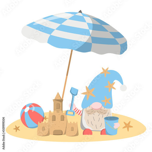 Beach vacation gnome illustration with a shovel, bucket, sand castle, ball, parasol. Isolated on white background. Template for banner, poster, greeting card, etc