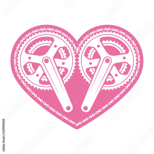 Vector logo heart with bicycle crank and chain. Isolated on white background