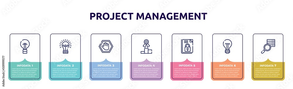 project management concept infographic design template. included black lightbulb, ecological lightbulb, ad blocker, competitive, encrpyted file, lightbulb with bolt, data searching icons and 7 project management concept infographic design template. included black lightbulb, ecological lightbulb, ad blocker, competitive, encrpyted file, lightbulb with bolt, data searching icons and 7