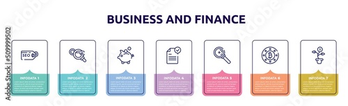 business and finance concept infographic design template. included seo tags, keyword search, pig bank, file submit, zoom or search, bit round button, money flower icons and 7 option or steps.