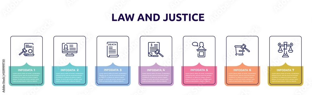 law and justice concept infographic design template. included law paper, criminal database, death certificate, tax law, witness, court trial, business icons and 7 option or steps. law and justice concept infographic design template. included law paper, criminal database, death certificate, tax law, witness, court trial, business icons and 7 option or steps.