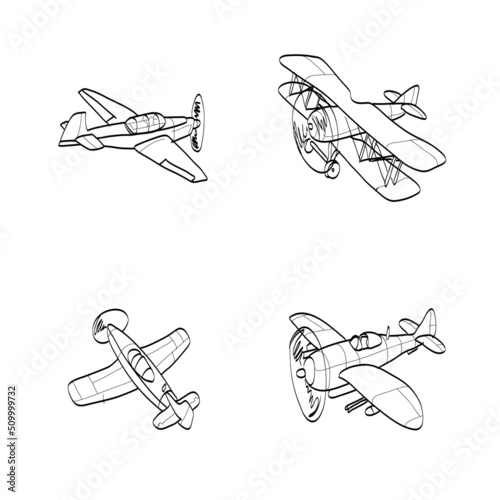 Set of airplanes hand-drawn. The contours of the aircraft in Doodle style on white background.