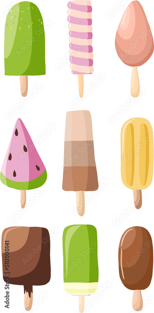 Vector set of 9 popsicles, chocolate, raspberry, strawberry, lemon and other different flavors. Decorative elements isolated on white background