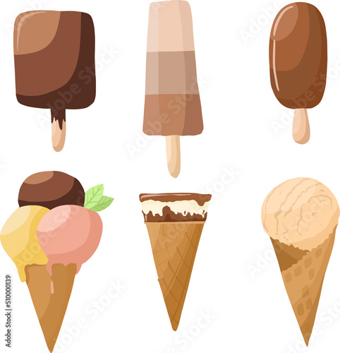 Vector set of 6 chocolate frostings: eskimo and cone, chocolate, crème brulee and fruit. Decorative elements isolated on white