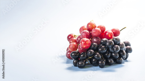 Фотография A bright banner branches of black and red grapes with water drops on a light blue background is a place for text