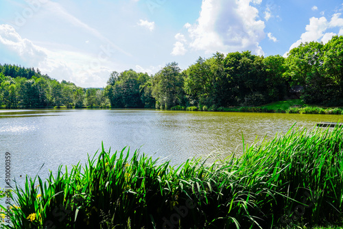 Beuerbacher See near Beuerbach. Pond with surrounding nature in Hesse. Landscape at the lake.
 photo