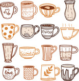 Collection of different doodle cups decorated with design elements. Vector set of colored mugs, filling drinks in warm yellow and brown colors isolation
