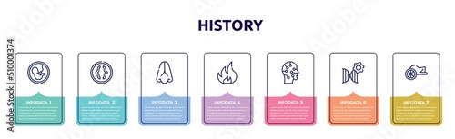 history concept infographic design template. included embryo, parentheses, body part, flammable, artificial, biotechnology, chariot icons and 7 option or steps.
