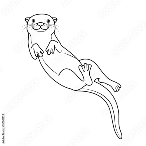 Vector hand drawn outline sketch cute otter isolated on white background. Happy otter swimming and smiling. Black and white animal illustration.
