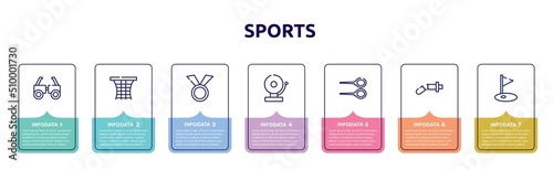sports concept infographic design template. included testing glasses, basketball gear, medals, school bell, badminton, damaged, golf field icons and 7 option or steps.