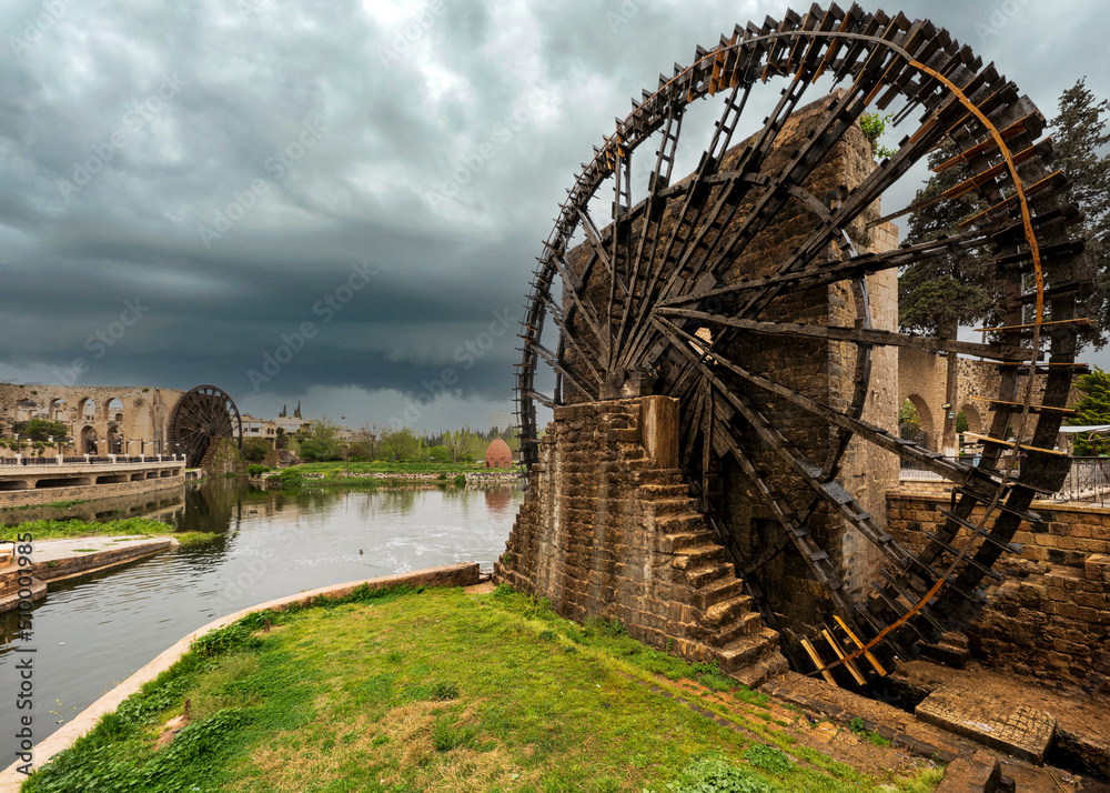 Norias of Hama, historic water-raising machines for irrigation, in Hama, Syria, tentative world heritahe site.