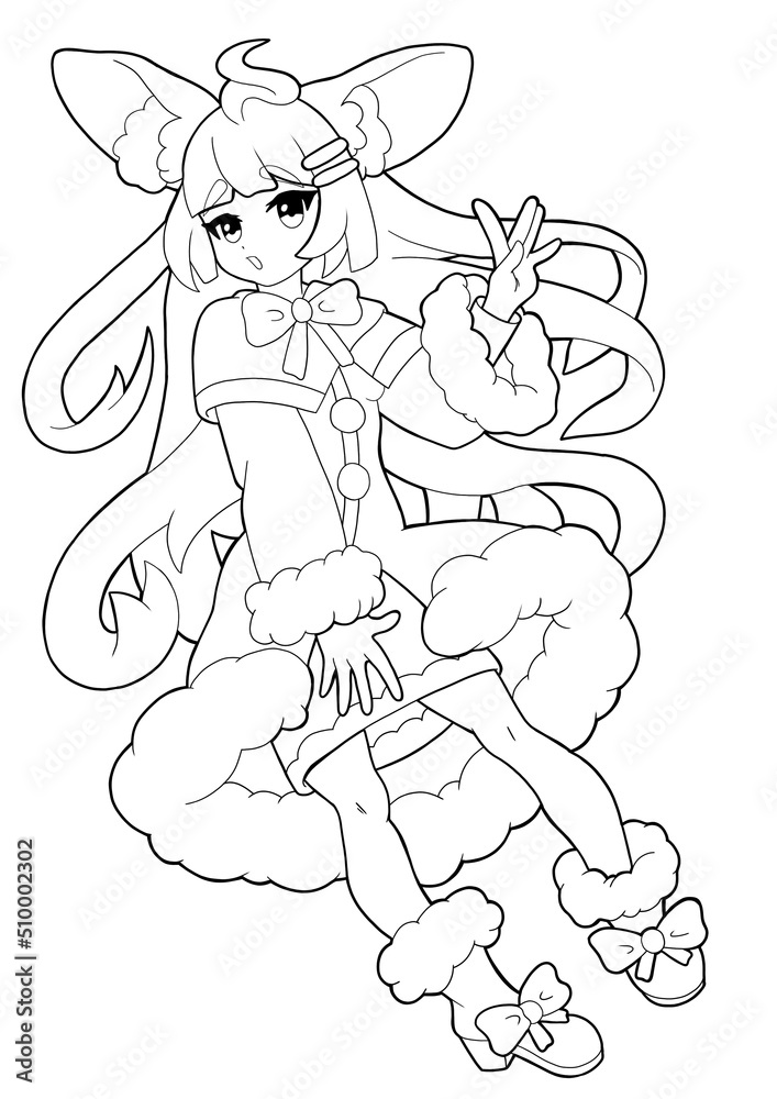A cute girl drawn in the style of Japanese manga comics. She has big animal ears, a soft coat, and boots with a bow on her feet. Page for coloring. A cute girl drawn in the style of Japanese manga comics. She has big animal ears, a soft coat, and boots with a bow on her feet. Page for coloring.