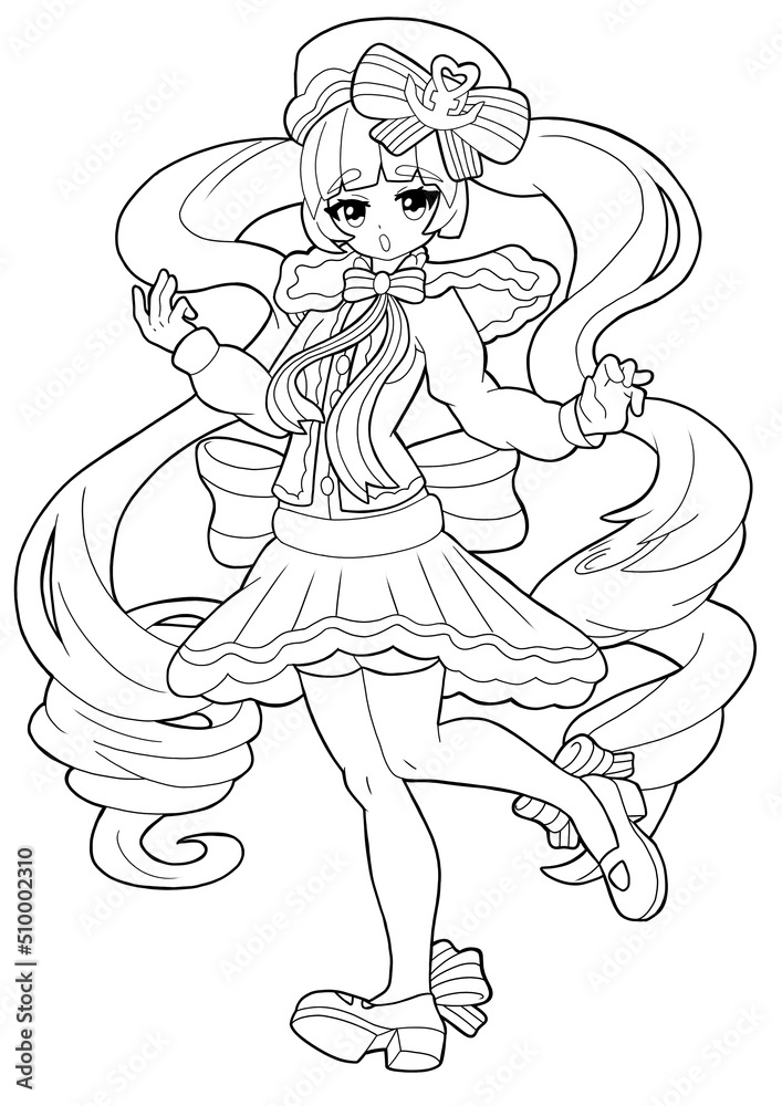 A very cute sailor girl drawn in the style of Japanese manga comics. She has long curly hair, a large bow behind her back, a skirt, and stockings on her legs. Outline drawing. A very cute sailor girl drawn in the style of Japanese manga comics. She has long curly hair, a large bow behind her back, a skirt, and stockings on her legs. Outline drawing.
