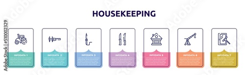 housekeeping concept infographic design template. included farm tractor, calipers, solder, knives, lodge, davit, window cleaner icons and 7 option or steps.