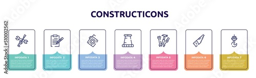 constructicons concept infographic design template. included screwdriver and doble wrench, pencil on paper sheet, roulette with button, road stopper, three tools, saw hand drawn tool, constructions