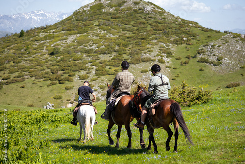 Group of people riding on a horse together, walking and discovering new places - learning ride horses lessons. 