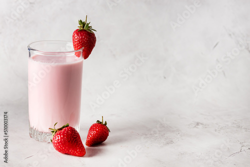 Glass of Smoothie Milky Strawberry Blended with Yogurt or Milk Tasty Morning Breakfast Drink