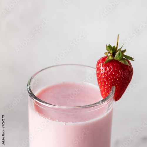 Glass With Tasty Strawberry Smoothie Gray Background Square Tasty Healthy Drink