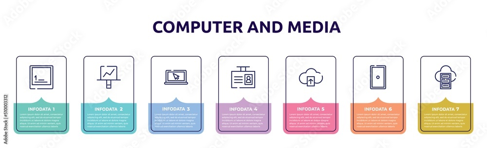 computer and media concept infographic design template. included keyboard key 1, screen canvas, screen with cursor arrow, id badge, cloud upload, grip, server cloud icons and 7 option or steps. computer and media concept infographic design template. included keyboard key 1, screen canvas, screen with cursor arrow, id badge, cloud upload, grip, server cloud icons and 7 option or steps.