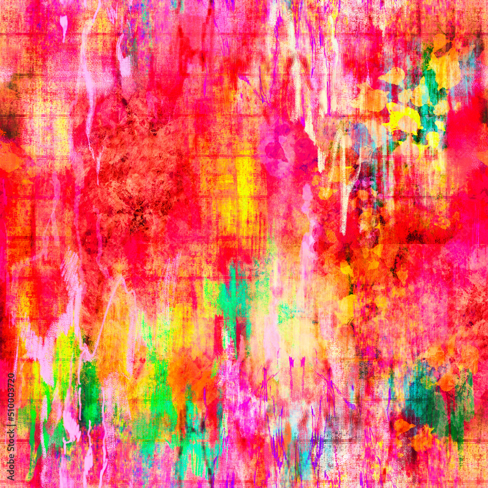 Abstract vibrant painted pattern with red; green; yellow and pink spots, blots, smudges, strokes and stains
