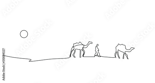 two camels and one person walking in the desert single line design