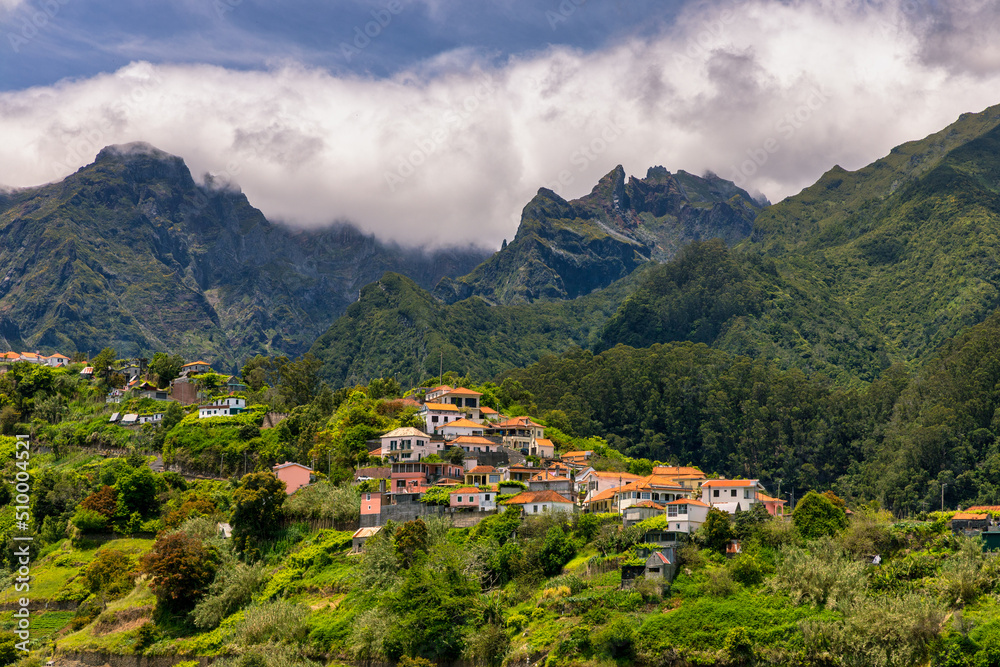 Madeira: view of São Roque do Faial with green terraces and the mountains