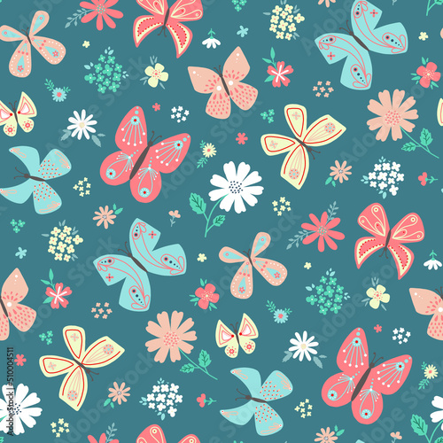 butterfly seamless repeat pattern design background. Random colorful butterfly silhouette, cute girly pastel pattern