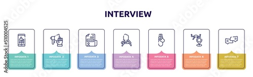 interview concept infographic design template. included low, strenght, wanted, journalist, flash disk, street map, chat bubbles icons and 7 option or steps.