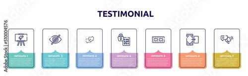testimonial concept infographic design template. included projection, hide, backup, pattern lock, reel, screenshot, testimony icons and 7 option or steps.