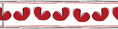 Red hearts and stripes grunge style vector border. Valentine heart painterly border with texture and brush stroke horizontal stripe top and bottom edging. Romantic edgy design for ribbon, trim