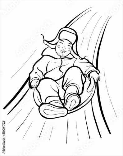 A little boy is sitting on an ice rink and riding down a slide. Winter. Black and white realistic illustration for coloring. Vector.