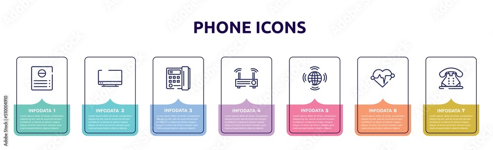 phone icons concept infographic design template. included intercom, tv screen, office telephone, modem, worldwide transmissions, heart rate, telephone of old de icons and 7 option or steps. phone icons concept infographic design template. included intercom, tv screen, office telephone, modem, worldwide transmissions, heart rate, telephone of old de icons and 7 option or steps.