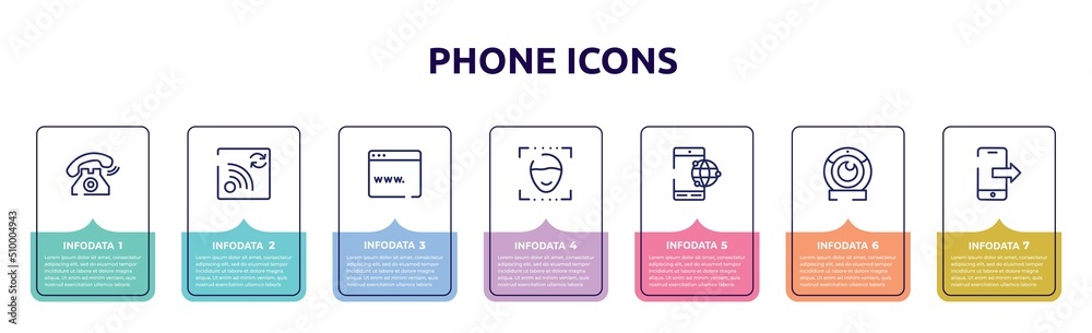 phone icons concept infographic design template. included old telephone ringing, refresh wifi, browser window, face detection, smartphone with internet connection, web camera, smartphone sending phone icons concept infographic design template. included old telephone ringing, refresh wifi, browser window, face detection, smartphone with internet connection, web camera, smartphone sending