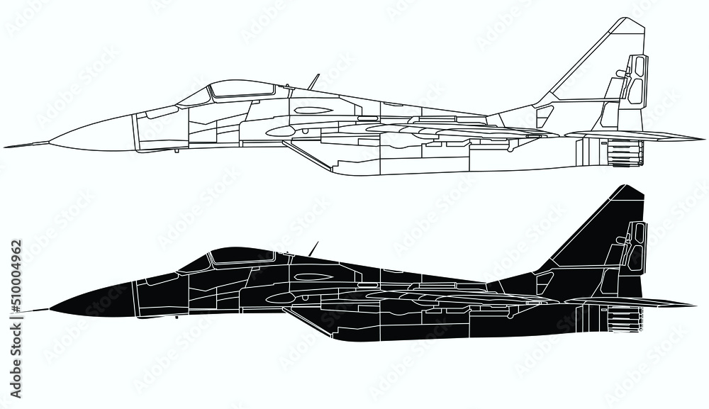 Mig 29 fighter jet side view.Adult military aircraft coloring page for
