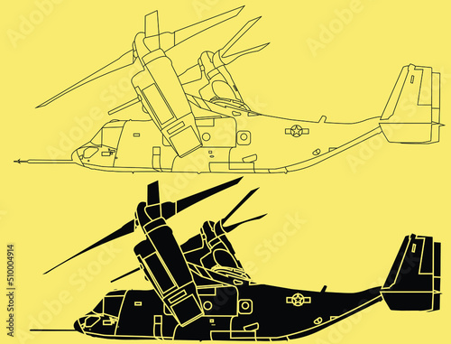 Bell Boeing V-22 Osprey. Vector drawing of VSTOL military transport aircraft. Side view.Adult military aircraft coloring page for book and drawing. Airplane. War-plane. Vector illustration. Vehicle. 