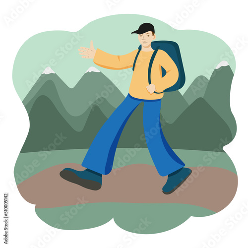 A hiker with a backpack in a black baseball cap walks along the trail against the background of mountains. Flat vector illustration