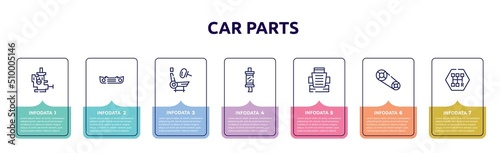 car parts concept infographic design template. included car choke, car bumper, air bag, silencer, bucket seat, camshaft, gearbox icons and 7 option or steps.