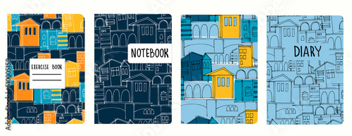 Valokuva Set of cover page vector templates based on seamless patterns with cityscapes, historic buildings, archways