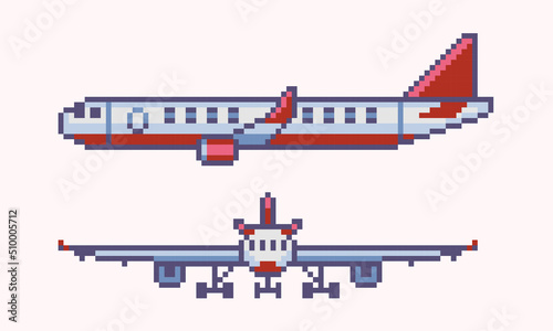 Airplane pixel art set. Jet plane front and side view. 8 bit sprite. Game development, mobile app.  Isolated vector illustration.