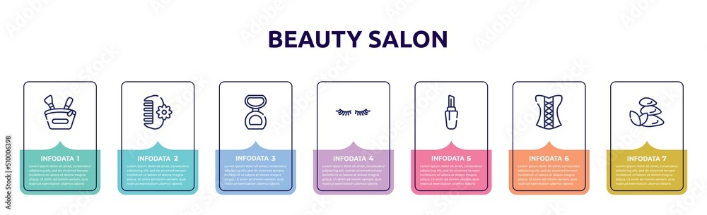 beauty salon concept infographic design template. included little makeup box, hair clamp, matte powder, two eyelashes, lipstick with cover, women cor, three stones icons and 7 option or steps. beauty salon concept infographic design template. included little makeup box, hair clamp, matte powder, two eyelashes, lipstick with cover, women cor, three stones icons and 7 option or steps.