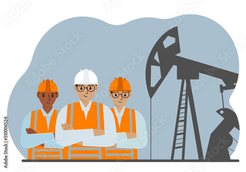 Oil refinery engineer. A male worker in front of a pumping unit for oil extraction, oil drilling and well repair.