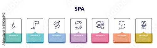 spa concept infographic design template. included rhinoplasty, thigh, sex reas, null, blush, , robe icons and 7 option or steps.