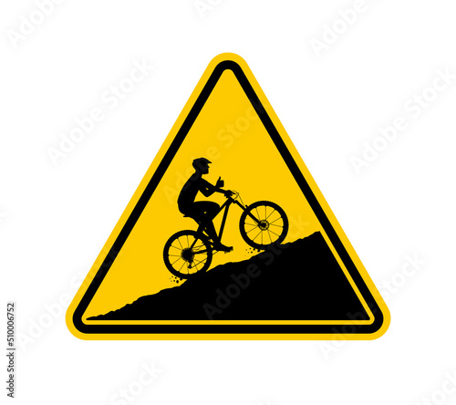 Vector yellow triangle sign - black silhouette biker on cycle going uphill. Isolated on white background.