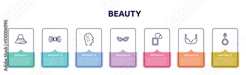 beauty concept infographic design template. included pamela, elegante, dermathology, cat eye glasses, tea bag, bra, potions icons and 7 option or steps.
