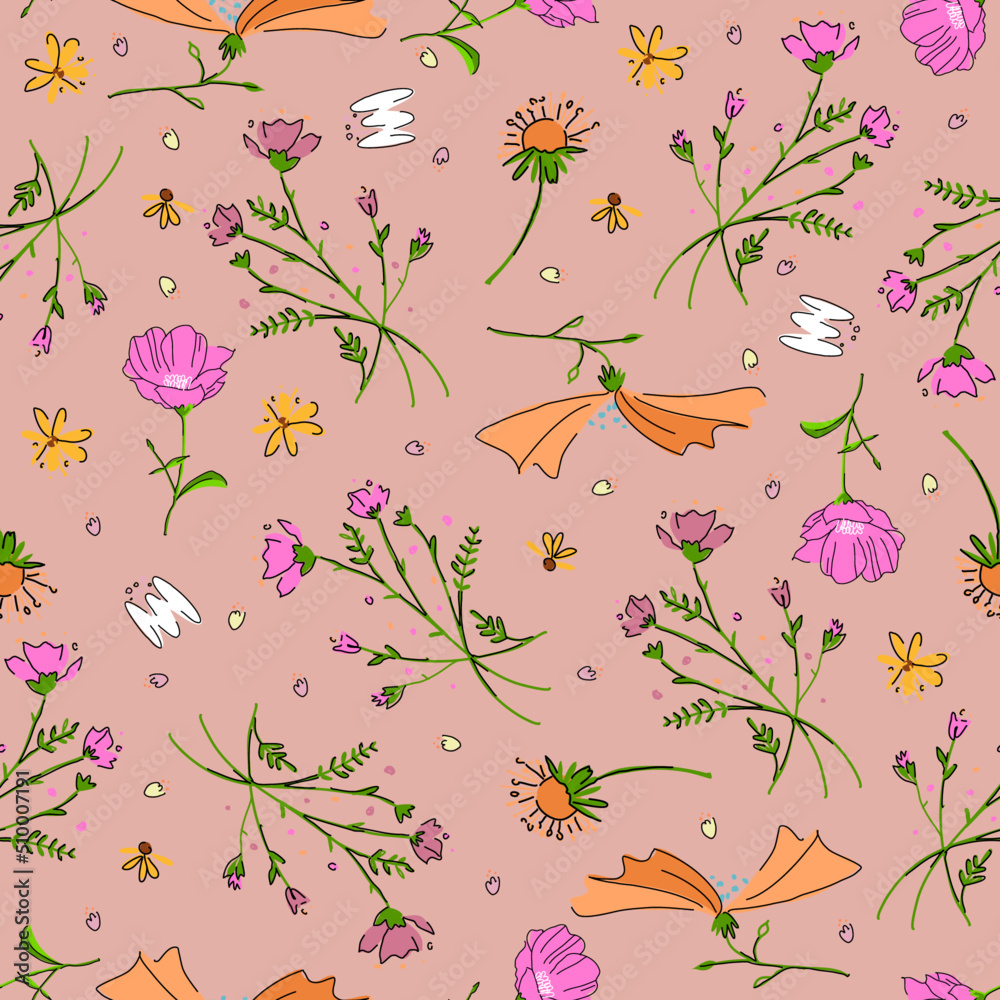 Hand drawn cute floral small seamless pattern for fashion prints decoration, fabric, wallpaper and all prints on background earth tone color.
