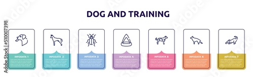 dog and training concept infographic design template. included dog licking, pharaoh hound, asparagus beetle, cat playhouse, dalmatian, german sheperd, dogs playing icons and 7 option or steps.