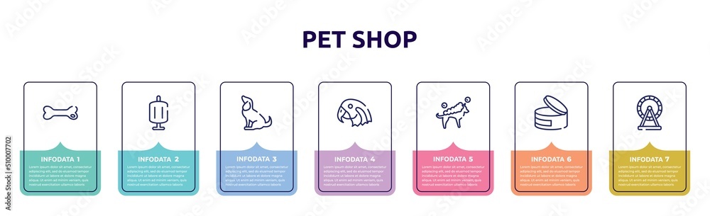 pet shop concept infographic design template. included dog toy, sponge filter, sitting dog, parrot head, washing the dog, canned food, hamster wheel icons and 7 option or steps. pet shop concept infographic design template. included dog toy, sponge filter, sitting dog, parrot head, washing the dog, canned food, hamster wheel icons and 7 option or steps.
